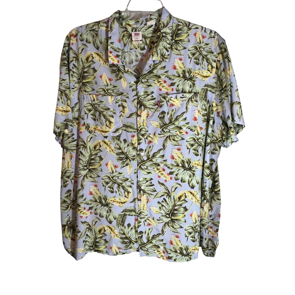 Levis Mens XXL Relaxed Fit Tropical Floral Palm Leaf Short Sleeve Camp Shirt Blu